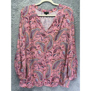 Talbots 2X Petit Top Pink Dancing Paisley Band Collar Popover Feminine Boho NWOT